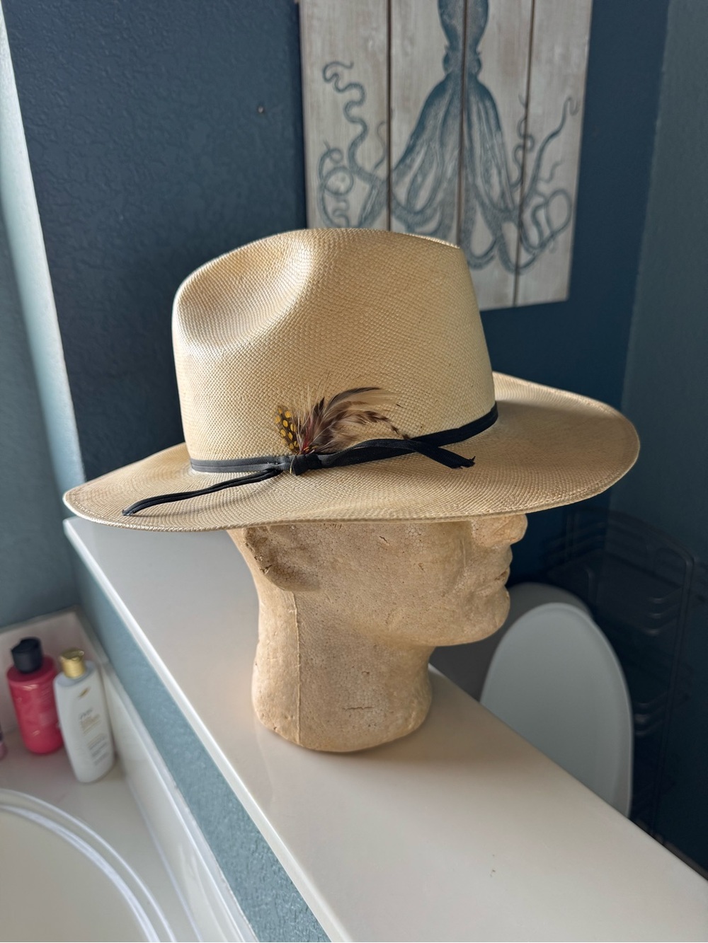 Vintage 1970’s Beaver Hat Shantung Feather & Ribbon XXXXXXX Straw Hat Size 7 1/8
